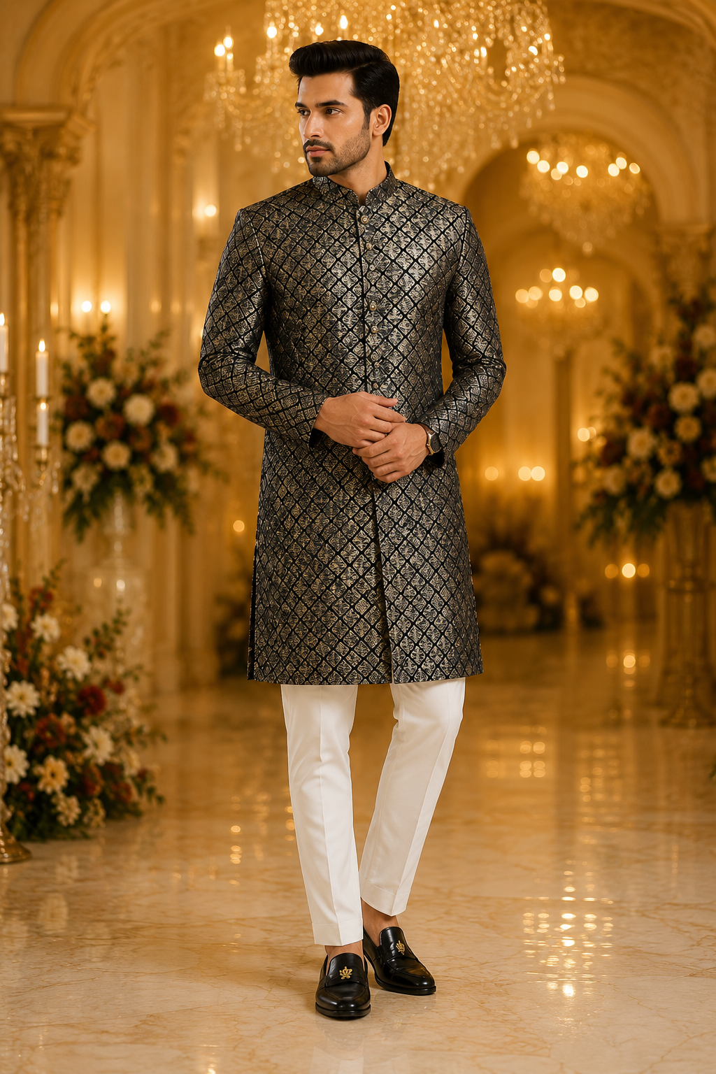 ShreeVastram Black & Gold Diamond Pattern Kurta Set